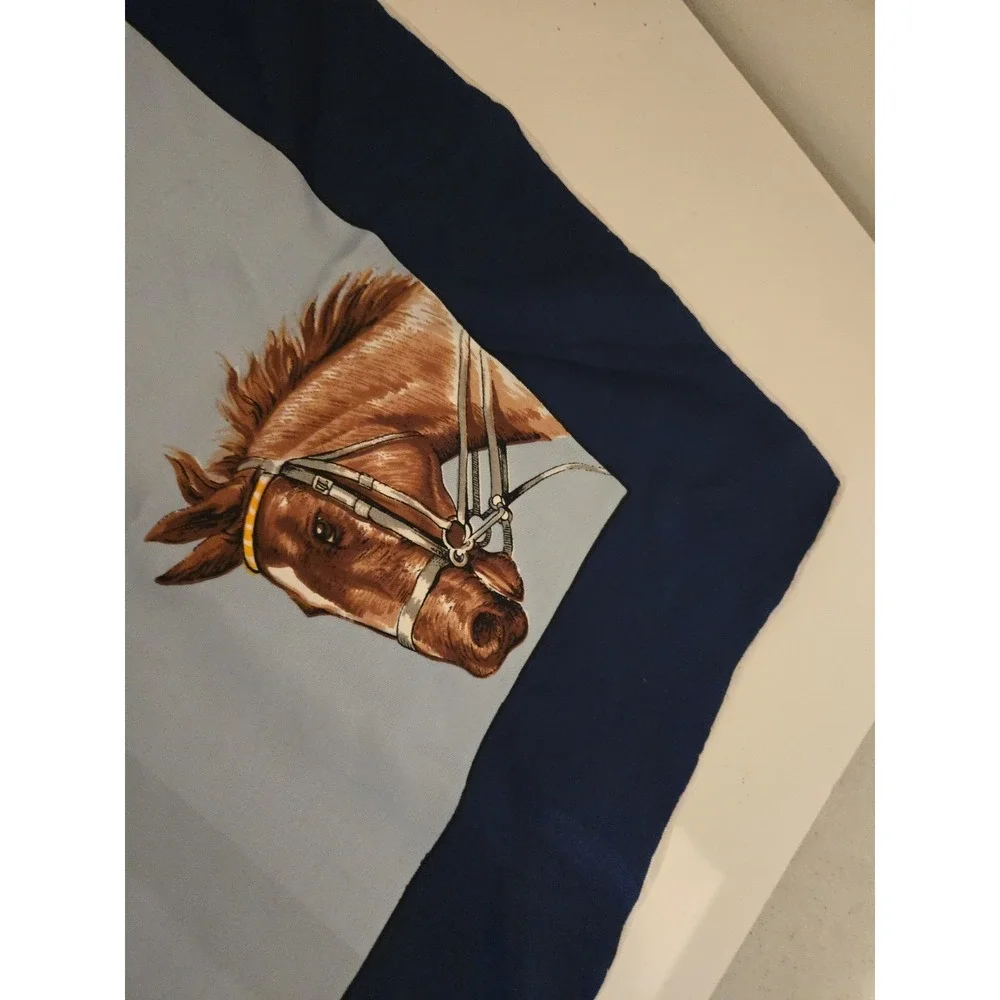 Vintage Horse Scarf Silk Equestrian Echo Blue White 26x25 RL Made in Italy